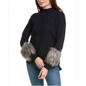 OST NWOT high/low sweater midnight blue with faux fur cuffs size medium cashmere